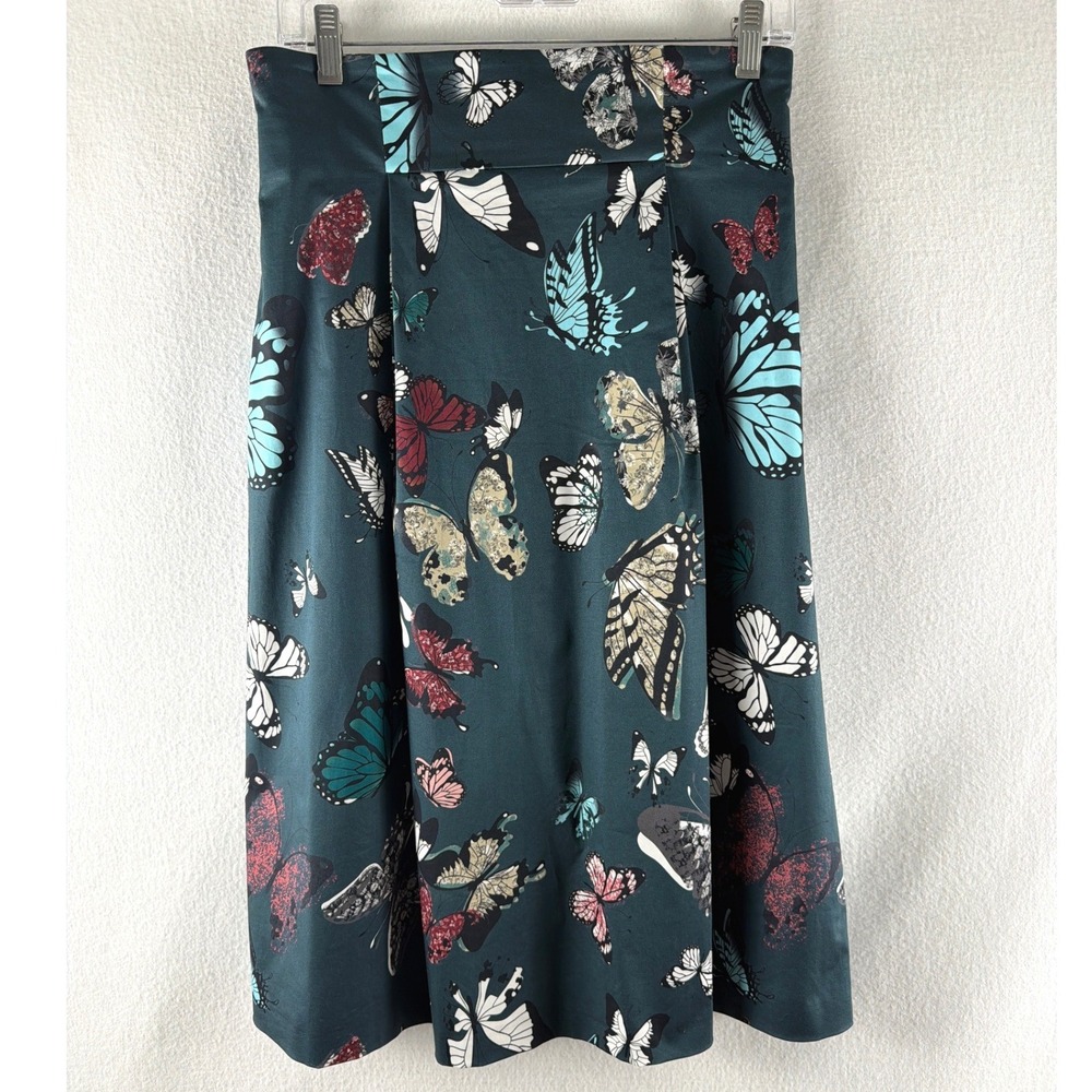 Max&Co Butterfly Print‎ Pleated Knee Length Skirt Green Teal Cotton Stretch Sz 8